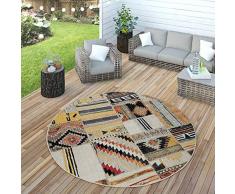 Paco Home Tapis Intérieur Et Extérieur Ethnique Jaune Crème Rouge, Dimension:Ø 200 cm Rond