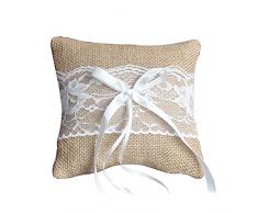Cutogain Coussin vintage en toile de jute et dentelle pour alliance Décoration de mariage, 20cm*20cm