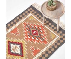 HOMESCAPES - Tapis Kilim en Laine à Motif géométrique Marron, Fabrication Artisanale - Jaipur - 120 x 170 cm