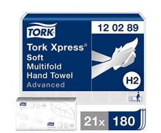 Tork 120289 Xpress Essuie-mains interfoliés Advanced pliés en Z / Compatible avec le système Tork H2 Multifold / 2 plis / 21 x 180 feuilles (25.5 x 21.2 cm) - Blanc