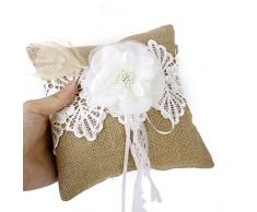 Coussin Oreiller Porteur de Bague Alliance en Jute Vintage Orné de Dentelle et Fleur 20cmx20cm