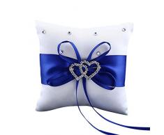 Coussin porte-alliance good01- Pour mariage, fiançailles - Avec deux cœurs et nœud - Bleu, Soie, bleu, Taille unique