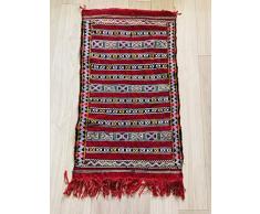 Tapis marocain authentique fait main Kilim 100 % laine – Rouge, noir, vert et jaune – 1,10 x 0,60 m