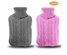 Gifort Lot de 2 Bouillotte avec une couverture épaisse et luxueuse | 2 litres de capacité |Housse de bouillotte amovible et lavable | Exempt de polluants (rose et gris)