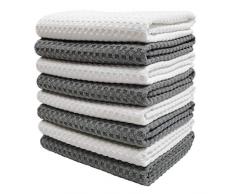 Polyte - 8 torchons de cuisine en microfibres Ultra Premium - main/vaisselle - tissu alvéolé - gris/blanc - 40,6 x 71,1 cm