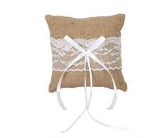 Coussin Oreiller Porteur de Bague Anneau de Mariage en Toile de Jute et Dentelle 15cmx15cm
