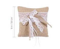 VORCOOL Coussin de Bague de Mariage Nuptiale en Toile de Jute 20 x 20cm