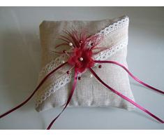 Coussin pour Alliances Original rouge Bordeaux Grenat Lie de Vin/Ivoire/Crème/Ecru/Blanc Cassé/Beige Toile jute/Lin Nature Robe Mariée/Mariage Fleur création artisanale bijou pas cher