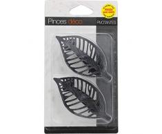 Embrasses, pinces à rideaux décoration en metal, modèle feuille, couleur noir et argent, 2 pièces