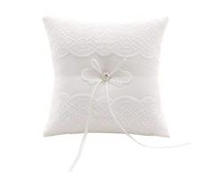 XYJIE Coussin en satin et dentelle ivoire avec nœud doté de perles pour alliances Pour mariage de plage - 20 x 20 cm