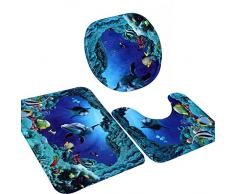 Hrph 3pcs/set Shark Bleu Requin Tapis Pedestal + Tapis pour Couvercle de Toilettes + Tapis Antidérapant pour Salle de Bains Ensemble Toilettes Underwater World