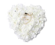 Wakects Coussin de Mariage Romantique en Forme de cœur avec Roses pour alliances en Satin, Accessoires de Mariage 24 x 25 cm