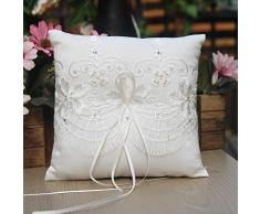 Amajoy Coussin pour bagues de mariage, ivoire, 19 x 19 cm, en satin et dentelle, orné de nœud