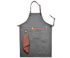 Tablier en Denim Gris Unisexe avec lanière en Cuir, Chef de Cuisine BBQ, avec Pochettes, Taille L