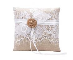 AmaJOY coussin vintage rustique en toile de jute avec dentelle pour bague de mariage 19 cm x 19 cm