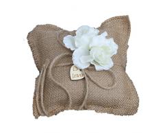 Oreiller Coussin Porte Anneau Alliance en Toile de Jute Fleur Blanche Décor pour Mariage