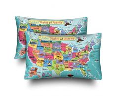 geckor États-Unis dAmérique USA Carte en Style Cartoon Éducation Enfants Décor À La Maison Cadeau Rectangulaire Intérieur Coton Taie doreiller Juste Un 20x30 Pouces