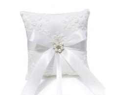 Coussin Bagues Coussins Oreiller Porteur de lanneau de Mariage Broder Fleur Rubans de Satin en Dentelle avec Simulation de Perle Alliances Anneau de Fête - Blanc