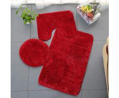 Homieco Tapis de Salle de Bains Couleur Pure 3Pcs Bath Mat Antidérapant et Absorbant Doux Tapis & Couvercle Toilette Couvercle Set Lavable, Rouge