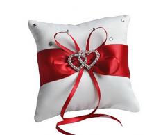 AHATECH Oreiller Anneau Double-Coeur Strass Coussin Porteur Anneau pour Mariage Mariée - Rouge