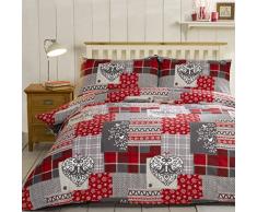 Parure de lit Une Personne en Flanelle 100% Coton brossÃ© - Housse de Couette et taie dâOreiller Motif Patchwork Alpin Rouge/Multicolore