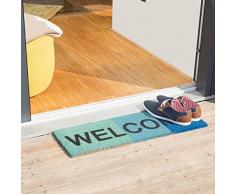 Relaxdays Paillasson en fibres de coco avec motif WELCOME dégradé L x l 75 x 25 cm et dessous antidérapant PVC en caoutchouc tapis sol porte entrée, bleu