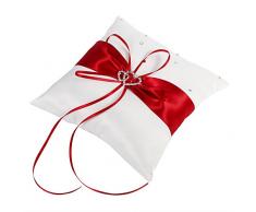 Zerodis Coussin Oreiller Porteur de l'Anneau de Mariage avec Décoration de Strass Bowknot Double Coeur Ruban Décoratif Romantique Cérémonie De Mariage Partie Maison Decor(Red)