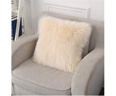 Sweetwill Housse de coussin décorative imitation fourrure et cuir de mouton, Fibres synthétiques, beige, 50 x 50 cm