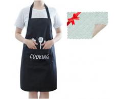 Devlope Tablier de Cuisine Etanche, Tablier Réglable avec Poches pour Barbecue+ [ Un Serviette ] pour Cuisine Barbecue Jardin Restaurant Café Chef Boulanger Serveurs Serveuse (Noir)