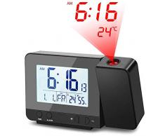 Deofde Réveil avec Projection, Réveil Projecteur Digital avec Grand Affichage LCD, Réveil Projection Plafond, Horloge Numerique avec Double Alarmes, Fonction Snooze, Thermomètre Intérieur