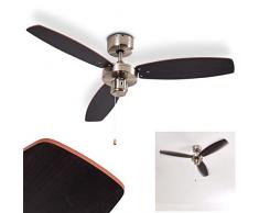 Ventilateur de plafond Fossa, en métal nickel-mat et bois, 3 vitesses, pales de rotor réversibles