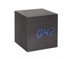 Lanker Réveil en Bois - Mini-Horloge Digitale LED avec Affichage De Lheure/De La Date/De La Température, Luminosité sur 3 Niveaux Et Contrôle Vocal Idéal pour Les Voyages à Domicile - AC10Black_Blue