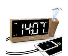 MIZHMI Digital Réveil FM Radio réveil Projection Réveil Bois Loud Réveil projecteur Double Alarme Funk 12/24H Projector Alarm Clock USB pour Large LED Réveil