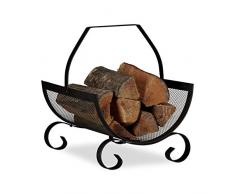 Relaxdays Panier à bûches bois de cheminée porte-revues porte-journaux acier métal HxlxP: 40 x 33 x 38 cm, noir