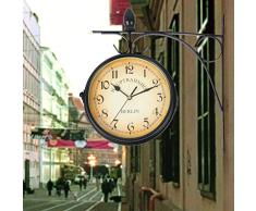 Samger Samger Horloge Double Face Jardin Train Gare Horloge Murale avec Support (Noir)