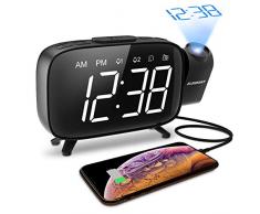 ELEGIANT Radio Réveil, Horloge à Projection Numérique Réveil à Projecteur FM Radio 12/24H 180° Luminosité Réglable Fonction Snooze Dual Alarme USB Port pour Téléphones Tablettes