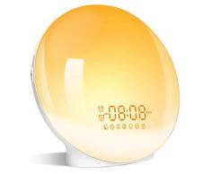 Eveil Lumière avec LED Radio Réveil Lumineux Lampe de Chevet 20 Niveaux de Luminosité Simulateur dAube et Crépuscule Veilleuse, 2 Réveils 7 Sons Naturels 7 Couleurs Fonction Snooze Cadeau Idée