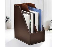 XX&HOLDER Vertical Présentoir Bois Cuir Range-revues,2 Compartiment Document Dossiers De Fichiers Porte-revues Grille pour Notepads Livres-brun1