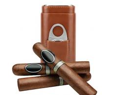 Garosa Boîte à Cigares Porte-étuis à Cigares Portable Cuir Cigare Voyage Cas de Cigare recouvert de Bois de cèdre humidificateurs 3 Tubes avec Support de Coupe-Cigare en Acier Inoxydable(Marron)