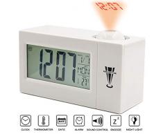 IDABAY Reveil Projecteur Plafond Réveil à Projection Digital Horloge avec Thermomètre Hygromètre 16 Fuseaux Horaires Chambre à Coucher Blanc