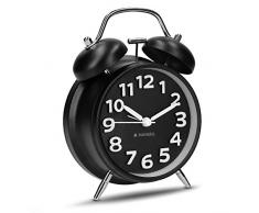 Navaris Réveil analogique Double Cloche - Horloge à Aiguilles Classique avec Fonctions Heure Alarme lumière - Réveil rétro en métal Noir