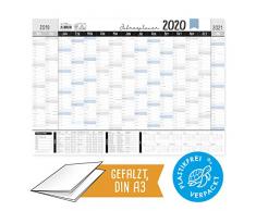 Grand calendrier mural inscriptible 2020 DIN A3 19/20 au format paysage Calendrier annuel avec semaines calendaires, vacances scolaires et jours fériés (version française non garantie)