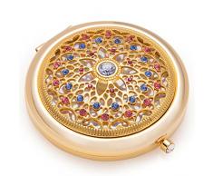 Cadeau Original pour Femme. Miroir de Poche Pliant en Plaqué Or 24K par Jinvun. Miroir Compact de Luxe Rond avec des Strass. Effet Grossissant pour Cosmétique et Maquillage. Idéal Sac de Voyage