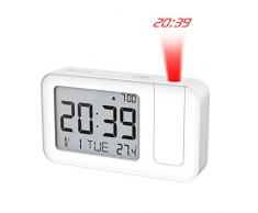 MoKo Réveil à Projection, Réveil Protecteur Digital Horloge Numérique, Multi Fonctions de Snooze Thermomètre, 12/24h ℃/℉ Grand Affichage Rétroéclairage LCD, Alimenté par USB/Piles – Blanc
