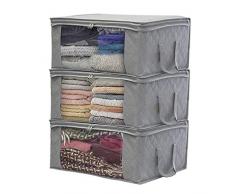 JSENGE Sac de Rangement Vetement Pliable, Lot de 3 Sac Boite Rangement sous Lit, Étanche en épais Non-tissé, pour Édredons Couvertures Oreillers Jouets Vestes Vêtements, 48 x 35 x 20 cm (Gris)