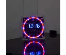 ROUHO Mise À Niveau DIY Ec1515B Ds1302 Contrôle De La Lumière Rotation LED Horloge Électronique Kit Taille 81X81X2Mm-Tube Numérique Bleu + LED Rouge Et Bleue avec Boîtier