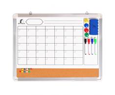 Pack Calendrier Mural Tableau Blanc/Liège – 60x45cm Grand Calendrier Magnetique Mensuel Effaçable avec 1 Effaceur Magnétique, 4 Feutres de Couleur Effaçables à Sec, 4 Aimants et 10 Épingles