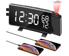 PEYOU Radio Réveil à Projection,Horloge Numérique FM USB avec Double Alarmes,Commutation 3 Couleurs,Fonction Snooze,Minuterie Darrêt,12/24H,Double Port USB,7 Grand écran LED avec Dimmer