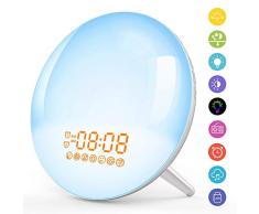 Amélioré Lampe de Réveil, LED Radio Réveil Enfant Lampe de Chevet avec 20 Alarmes Luminosité Programmables, Simulateur dAube et Crépuscule 7 Sons Naturels 7 Couleur Radio FM Veilleuse Fonction Snooze