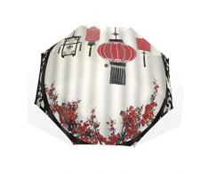 LASINSU 3-Pliable Parapluie Gamme Anti-UV Ombrelle，Paravent décoratif de Style Chinois et Nouvel an Fleur de Prunier，Compact Parapluie